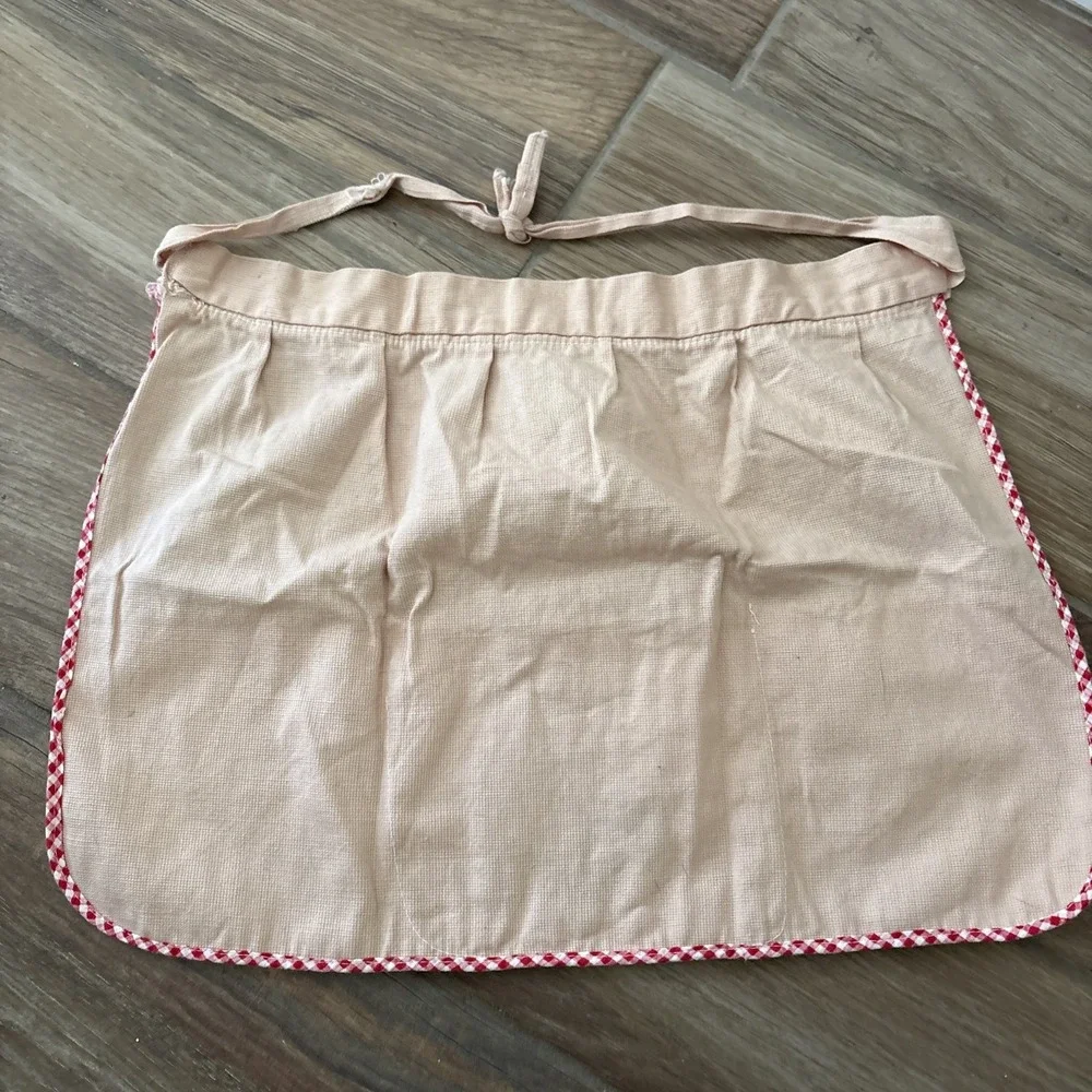 Vintage Half Apron Handmade Embroidered Waist Tie Beige Flowers Blue Piping